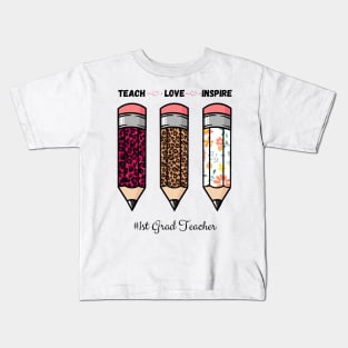 Teach Love Inspire, Back To School Pencil 1st Grad Teacher Leopard Floral Gift For Teacher Kids T-Shirt